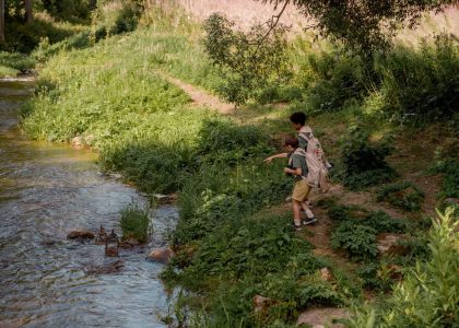 Two boys in scouting uniforms explore a forest path by a stream, enjoying nature.